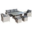 Minerva 7 Seater Sofa and Chairs set with glass table with white background.
